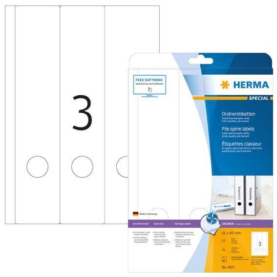 HERMA 4831 Inkjet Ordneretiketten A4 61x297 mm weiß Papier matt 75 Stück