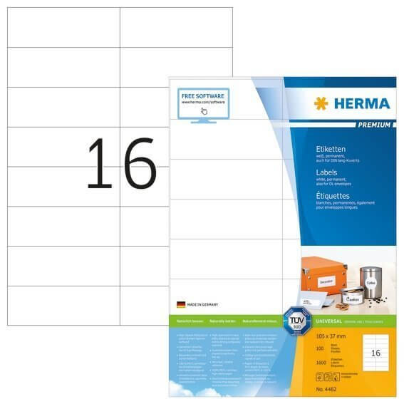 HERMA 4462 Etiketten Premium A4 105x37 mm weiß Papier matt 1600 Stück