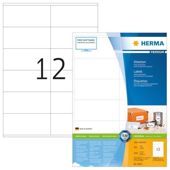 HERMA 4635 Etiketten Premium A4 105x48 mm weiß Papier matt 2400 Stück