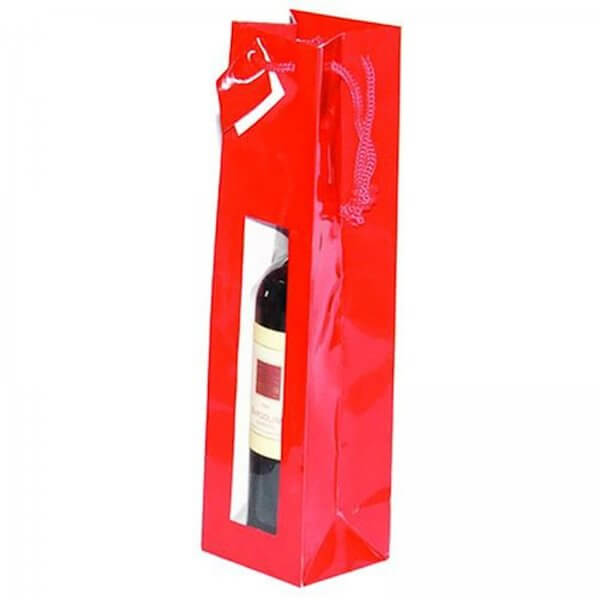 Geschenk-Flaschentasche für 1 Weinflasche mit Sichtfenster Rot Hochglanz