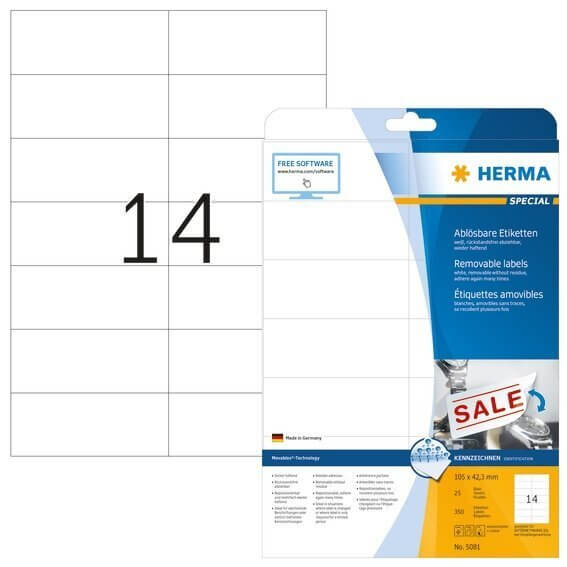 HERMA 5081 Ablösbare Etiketten A4 105x423 mm weiß Movables/ablösbar Papier matt 350 Stück
