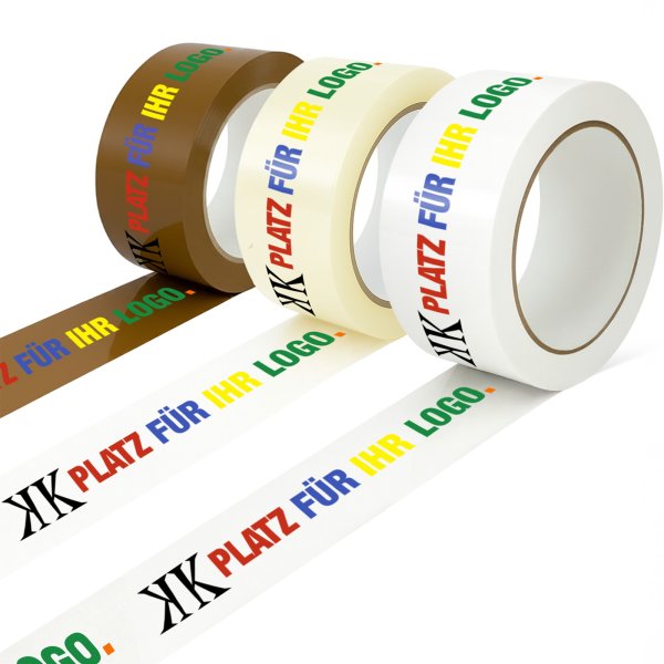 Bedruckbares PP-Klebeband 1-6-farbig – leise abrollend, in weiß, braun & transparent