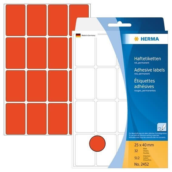 HERMA 2452 Vielzwecketiketten 25 x 40 mm Papier matt Handbeschriftung 512 Stück Rot