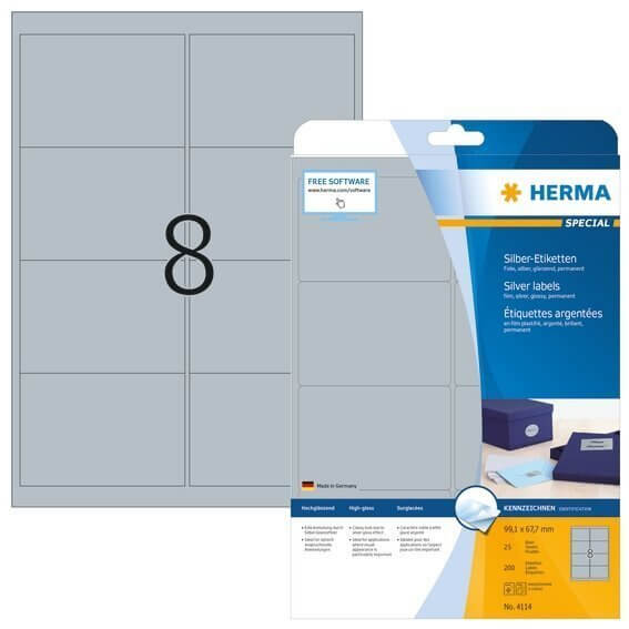 HERMA 4114 Etiketten A4 99,1x67,7 mm silber Folie glänzend 200 Stück