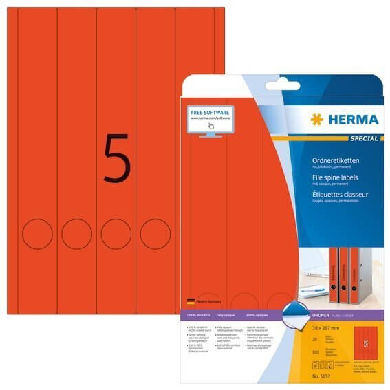 HERMA 5132 Ordneretiketten A4 38x297 mm rot Papier matt blickdicht 100 Stück