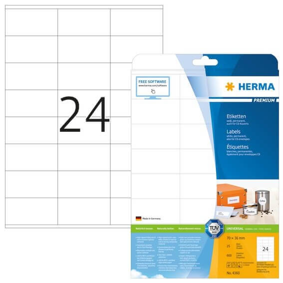 HERMA 4360 Etiketten Premium A4 70x36 mm weiß Papier matt 600 Stück