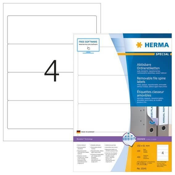 HERMA 10141 Ablösbare Ordneretiketten A4 192x61 mm weiß Movables/ablösbar Papier matt blickdicht 400