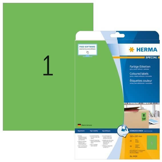 HERMA 4424 Farbige Etiketten A4 210x297 mm grün ablösbar Papier matt 20 Stück