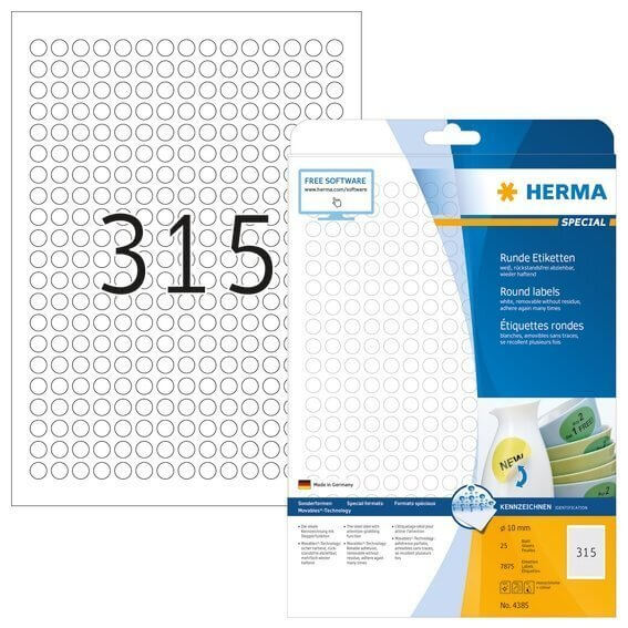 HERMA 4385 Ablösbare Etiketten A4 Ø 10 mm rund weiß Movables/ablösbar Papier matt 7875 Stück