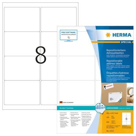 HERMA 10312 Repositionierbare Adressetiketten A4 991x677 mm weiß Movables Papier matt blickdicht 800