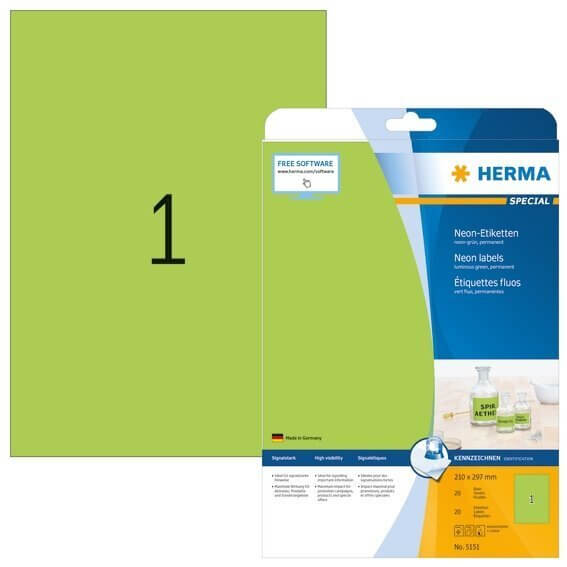 HERMA 5151 Neonetiketten A4 210x297 mm neon-grün Papier matt 20 Stück