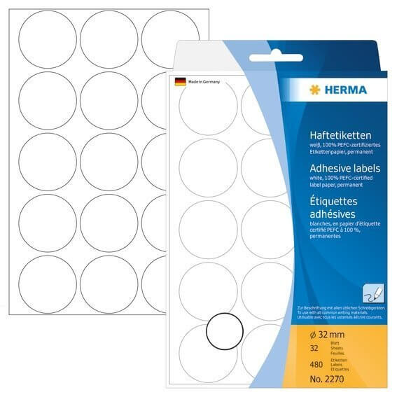 HERMA 2270 Vielzwecketiketten/Farbpunkte Ø 32 mm rund Papier matt Handbeschriftung 480 Stück Weiß