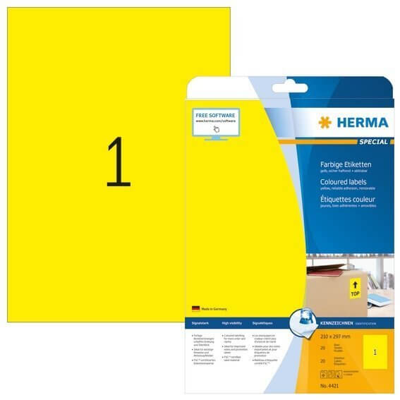 HERMA 4421 Farbige Etiketten A4 210x297 mm gelb ablösbar Papier matt 20 Stück