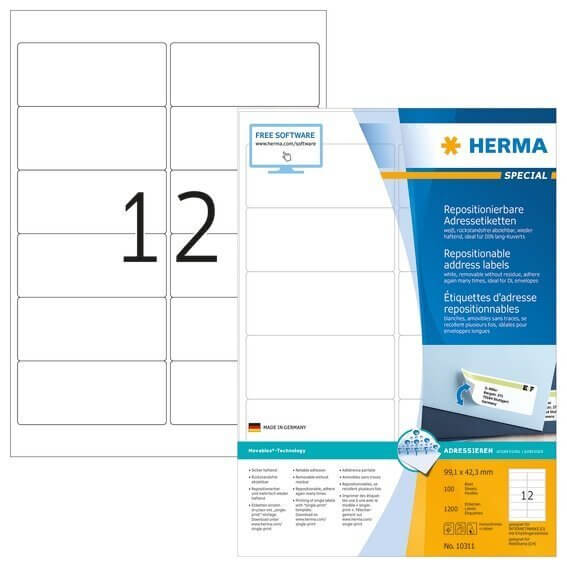 HERMA 10311 Repositionierbare Adressetiketten A4 991x423 mm weiß Movables Papier matt 1200 Stück