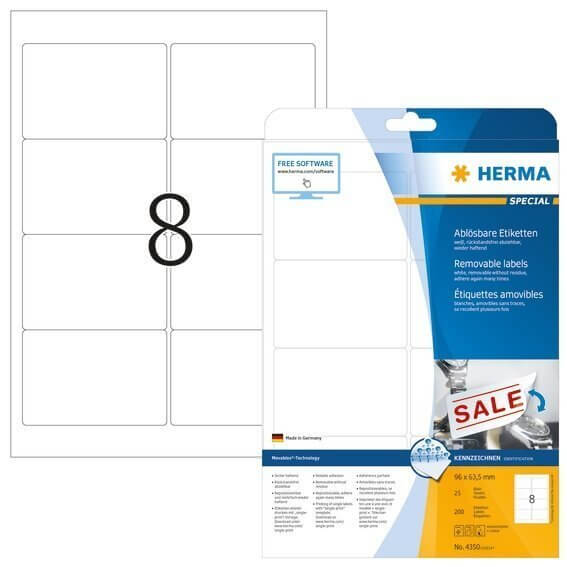 HERMA 4350 Ablösbare Etiketten A4 96x635 mm weiß Movables/ablösbar Papier matt 200 Stück