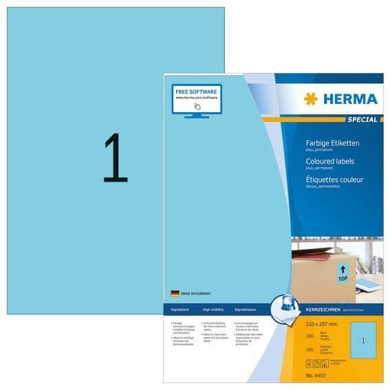 HERMA 4403 Farbige Etiketten A4 210x297 mm blau Papier matt 100 Stück