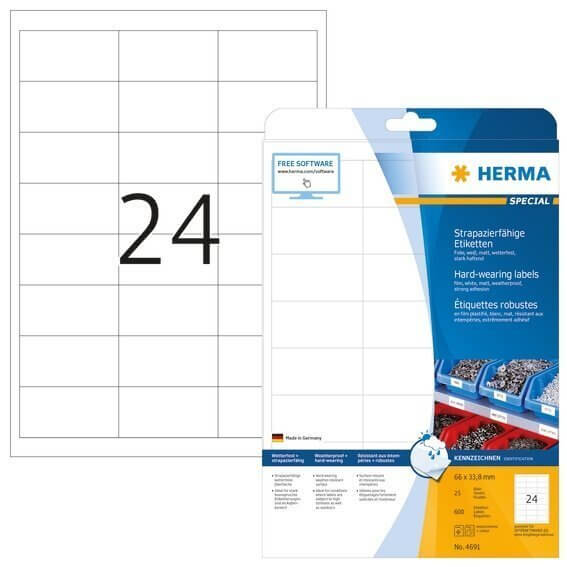 HERMA 4691 Etiketten strapazierfähig A4 66x338 mm weiß stark haftend Folie matt wetterfest 600 Stück