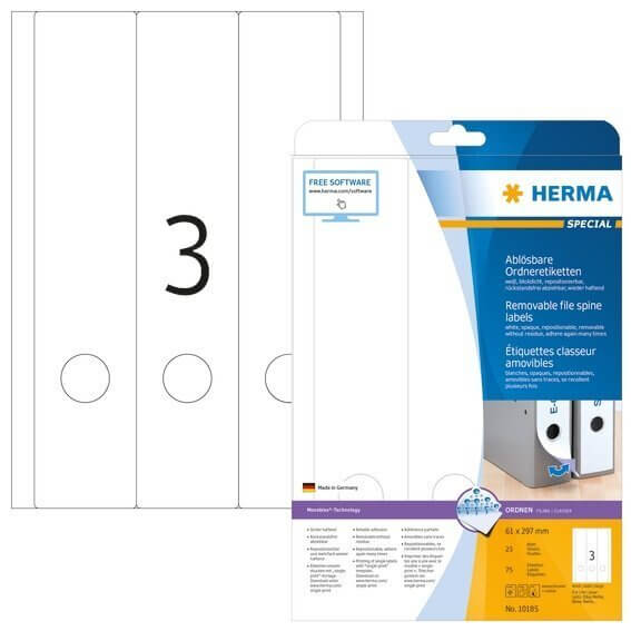 HERMA 10185 Ablösbare Ordneretiketten A4 61x297 mm weiß Movables/ablösbar Papier matt blickdicht 75 