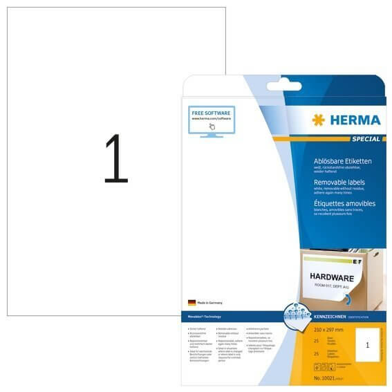HERMA 10021 Ablösbare Etiketten A4 210x297 mm weiß Movables/ablösbar Papier matt 25 Stück