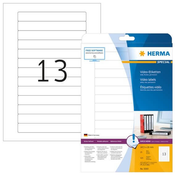 HERMA 5069 Video-Etiketten A4 1473x20 mm weiß Papier matt 325 Stück