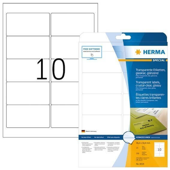 HERMA 8018 Etiketten transparent glasklar A4 96x508 mm transparent klar Folie glänzend 250 Stück