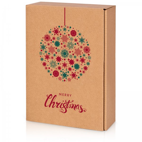 Präsentkarton für 3 Flaschen 360x250x90 mm Kraftpapier Weihnachten Natur Rot Grün