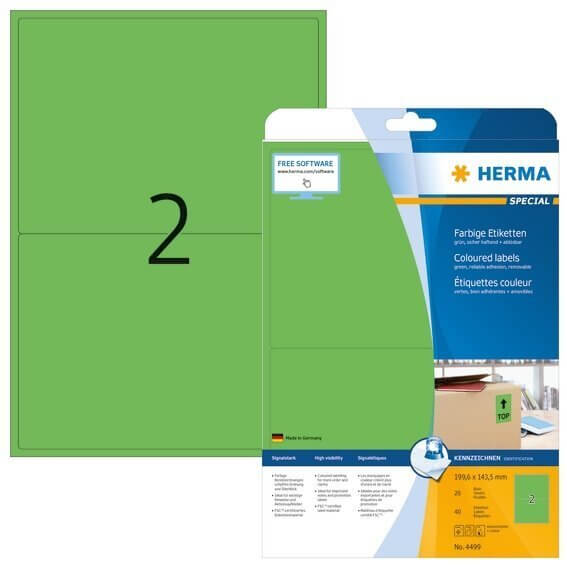 HERMA 4499 Farbige Etiketten A4 1996x1435 mm grün ablösbar Papier matt 40 Stück