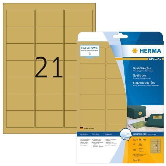 HERMA 4103 Etiketten A4 63,5x38,1 mm gold Folie glänzend 525 Stück