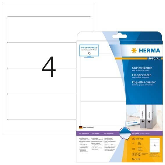 HERMA 5123 Ordneretiketten A4 192x59 mm weiß Papier matt blickdicht 100 Stück