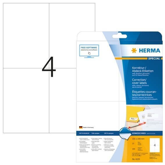 HERMA 4229 Korrektur-/Abdecketiketten A4 105x148 mm weiß Papier matt blickdicht 100 Stück