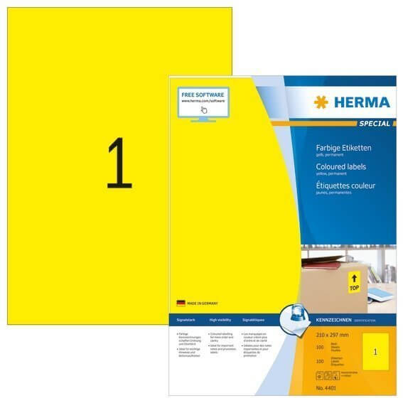 HERMA 4401 Farbige Etiketten A4 210x297 mm gelb Papier matt 100 Stück