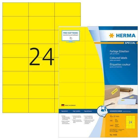 HERMA 4406 Farbige Etiketten A4 70x37 mm gelb Papier matt 2400 Stück
