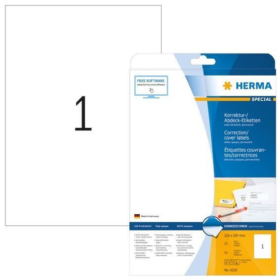 HERMA 4230 Korrektur-/Abdecketiketten A4 210x297 mm weiß Papier matt blickdicht 25 Stück