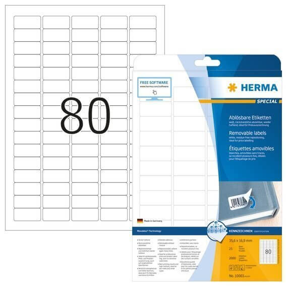 HERMA 10003 Ablösbare Etiketten A4 356x169 mm weiß Movables/ablösbar Papier matt 2000 Stück