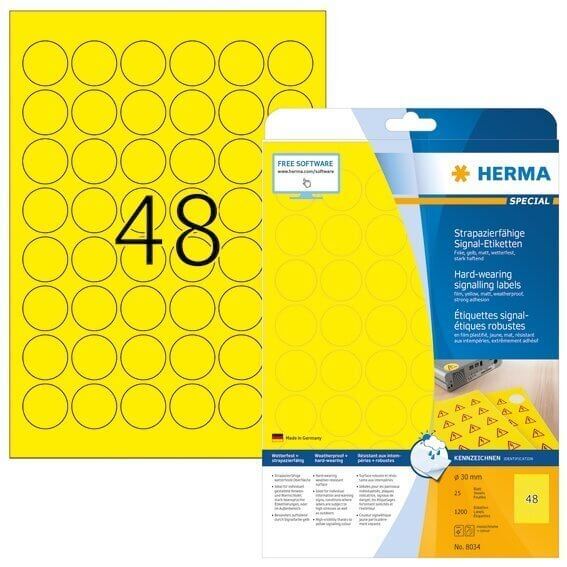 HERMA 8034 Signal-Etiketten strapazierfähig A4 Ø 30 mm rund gelb stark haftend Folie matt wetterfest