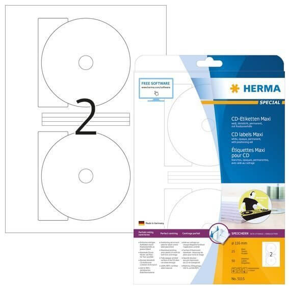 HERMA 5115 CD-Etiketten Maxi A4 Ø 116 mm weiß Papier matt blickdicht 50 Stück