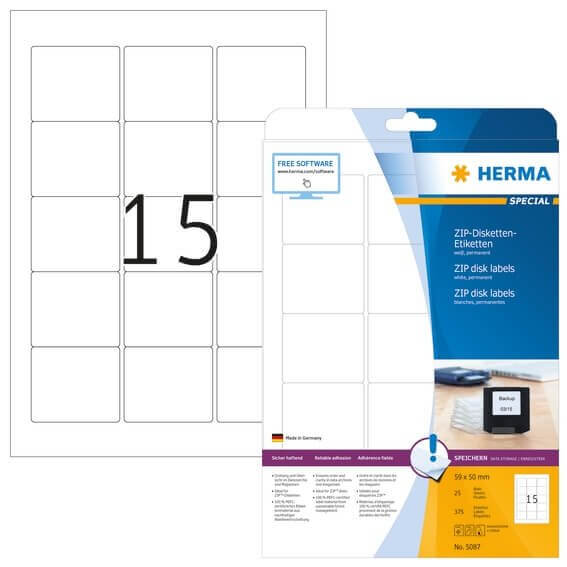 HERMA 5087 ZIP-Disk-Etiketten A4 59x50 mm weiß Papier matt 375 Stück