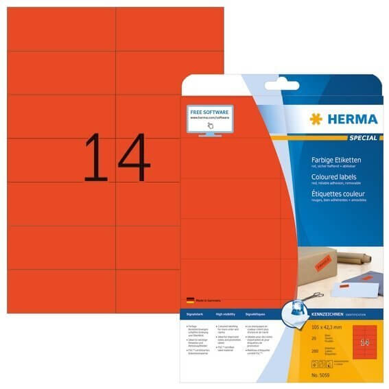 HERMA 5059 Farbige Etiketten A4 105x423 mm rot ablösbar Papier matt 280 Stück