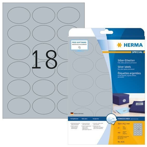 HERMA 4116 Etiketten A4 58,4x42,3 mm silber oval Folie glänzend 450 Stück
