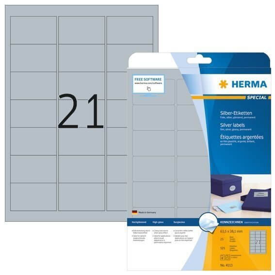 HERMA 4113 Etiketten A4 63,5x38,1 mm silber Folie glänzend 525 Stück