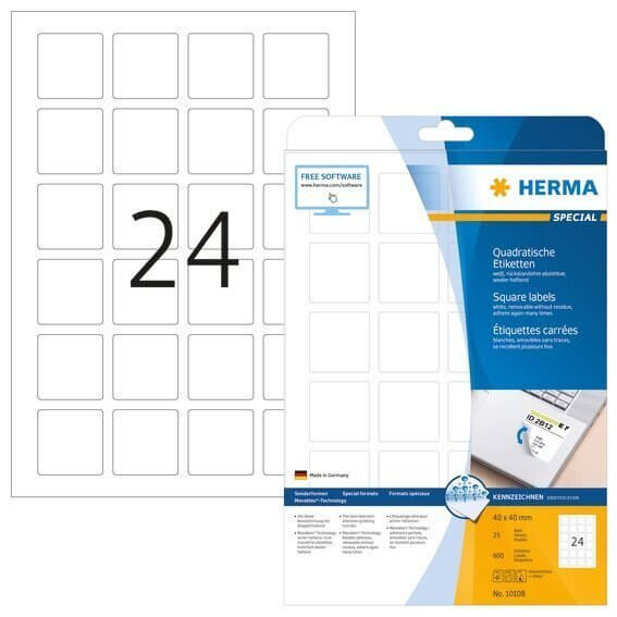 HERMA 10108 Ablösbare Etiketten A4 40x40 mm weiß quadratisch Movables/ablösbar Papier matt 600 Stück