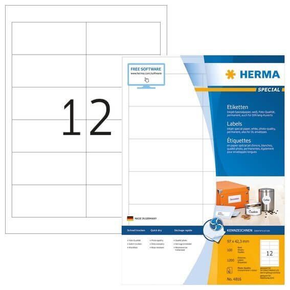 HERMA 4816 Inkjet-Etiketten A4 97x423 mm weiß Papier matt 1200 Stück