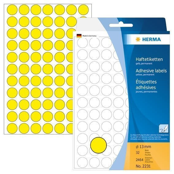 HERMA 2231 Vielzwecketiketten/Farbpunkte Ø 13 mm rund Papier matt Handbeschriftung 2464 Stück Gelb