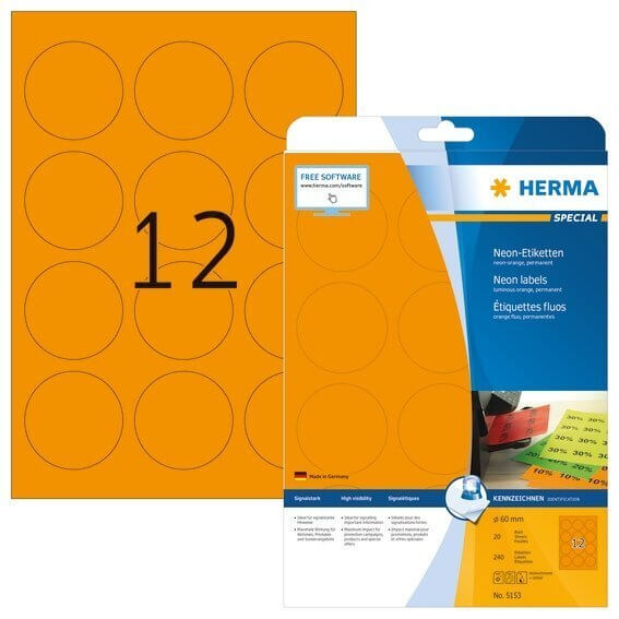 HERMA 5153 Neonetiketten A4 Ø 60 mm rund neon-orange Papier matt 240 Stück