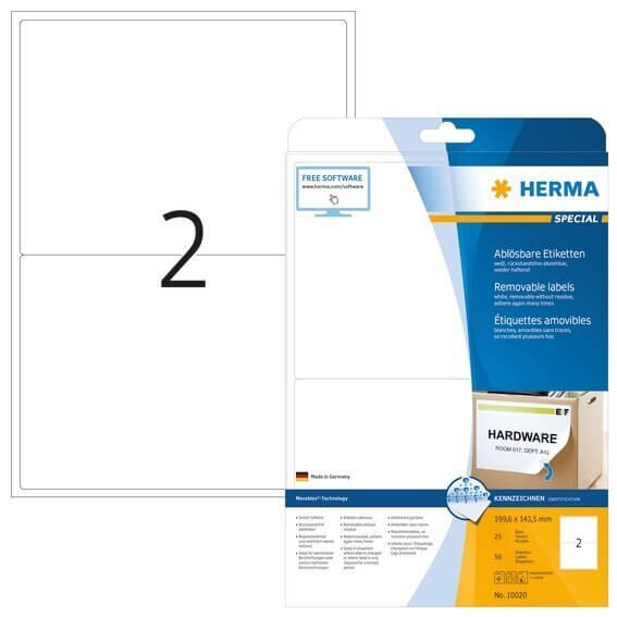HERMA 10020 Ablösbare Etiketten A4 1996x1435 mm weiß Movables/ablösbar Papier matt 50 Stück