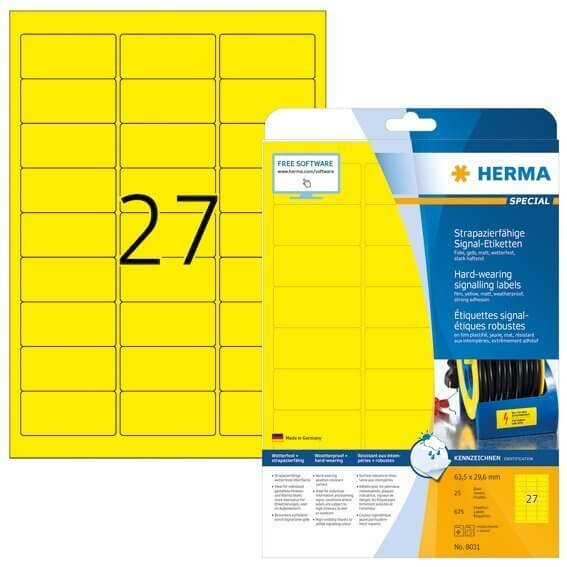 HERMA 8031 Signal-Etiketten strapazierfähig A4 635x296 mm gelb stark haftend Folie matt wetterfest 6