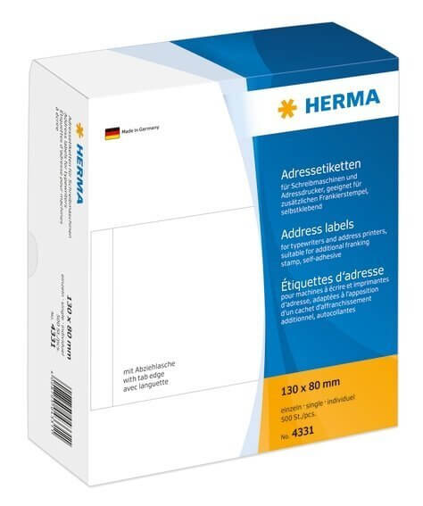 HERMA 4331 Adressetiketten für Schreibmaschinen einzeln 130x80 mm weiß Papier matt 500 Stück