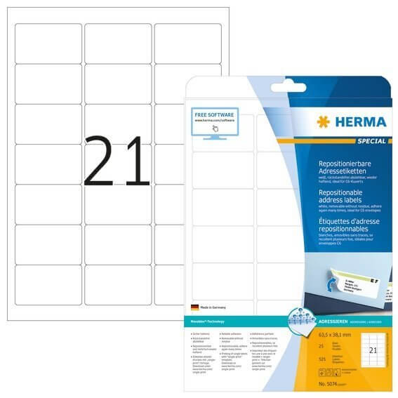 HERMA 5074 Repositionierbare Adressetiketten A4 635x381 mm weiß Movables Papier matt 525 Stück