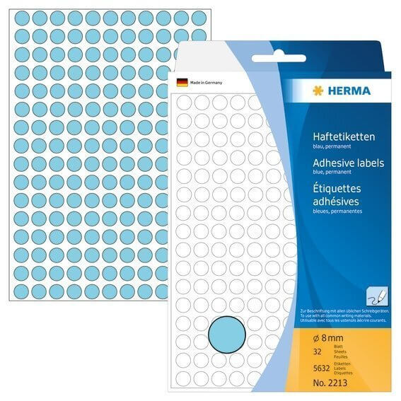 HERMA 2213 Vielzwecketiketten/Farbpunkte Ø 8 mm rund Papier matt Handbeschriftung 5632 Stück Blau
