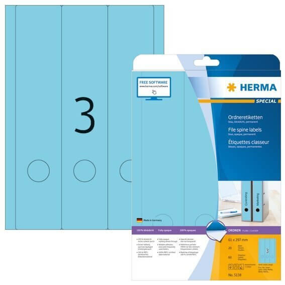 HERMA 5138 Ordneretiketten A4 61x297 mm blau Papier matt blickdicht 60 Stück